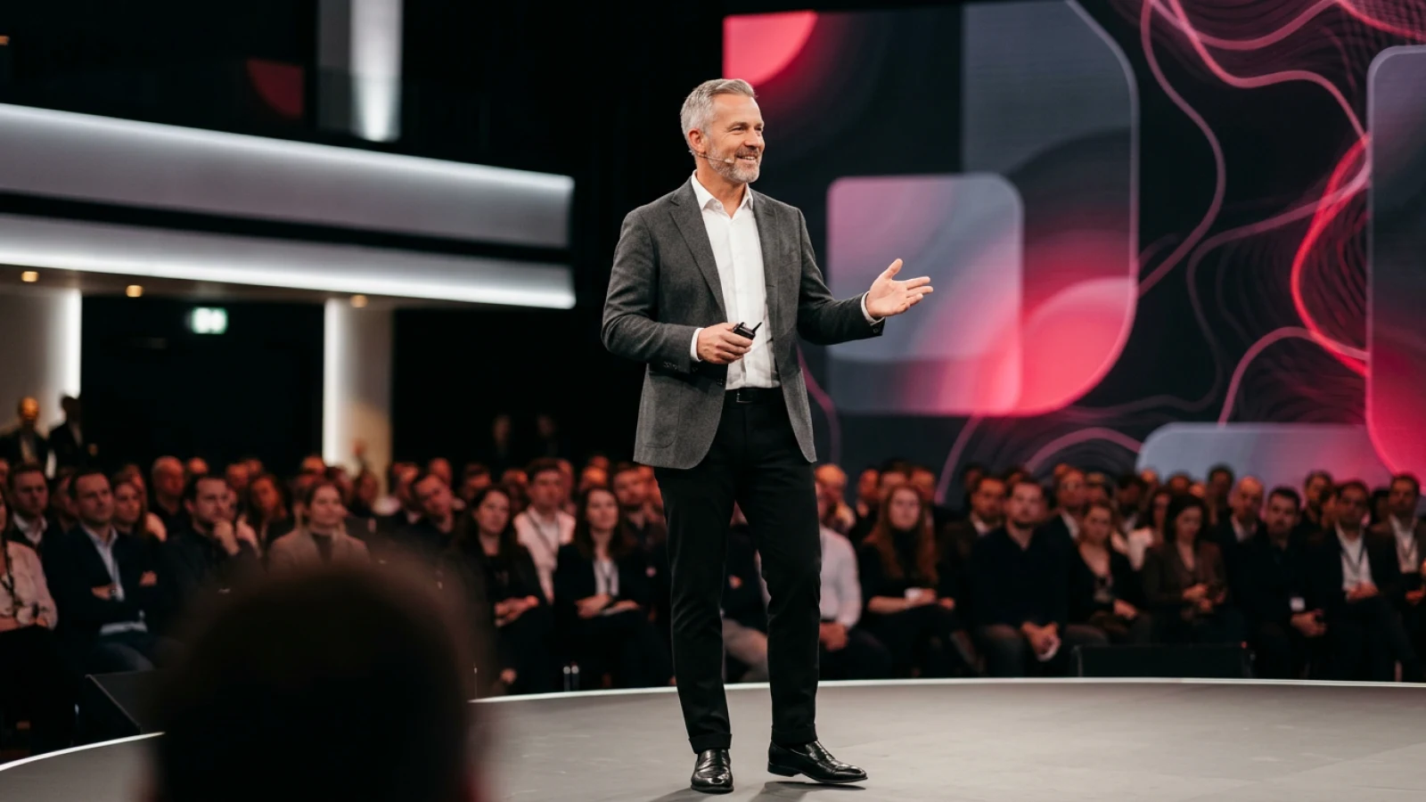 Business-Casual gekleideter Mann auf einer Bühne vor Publikum als sichtbarer Experte